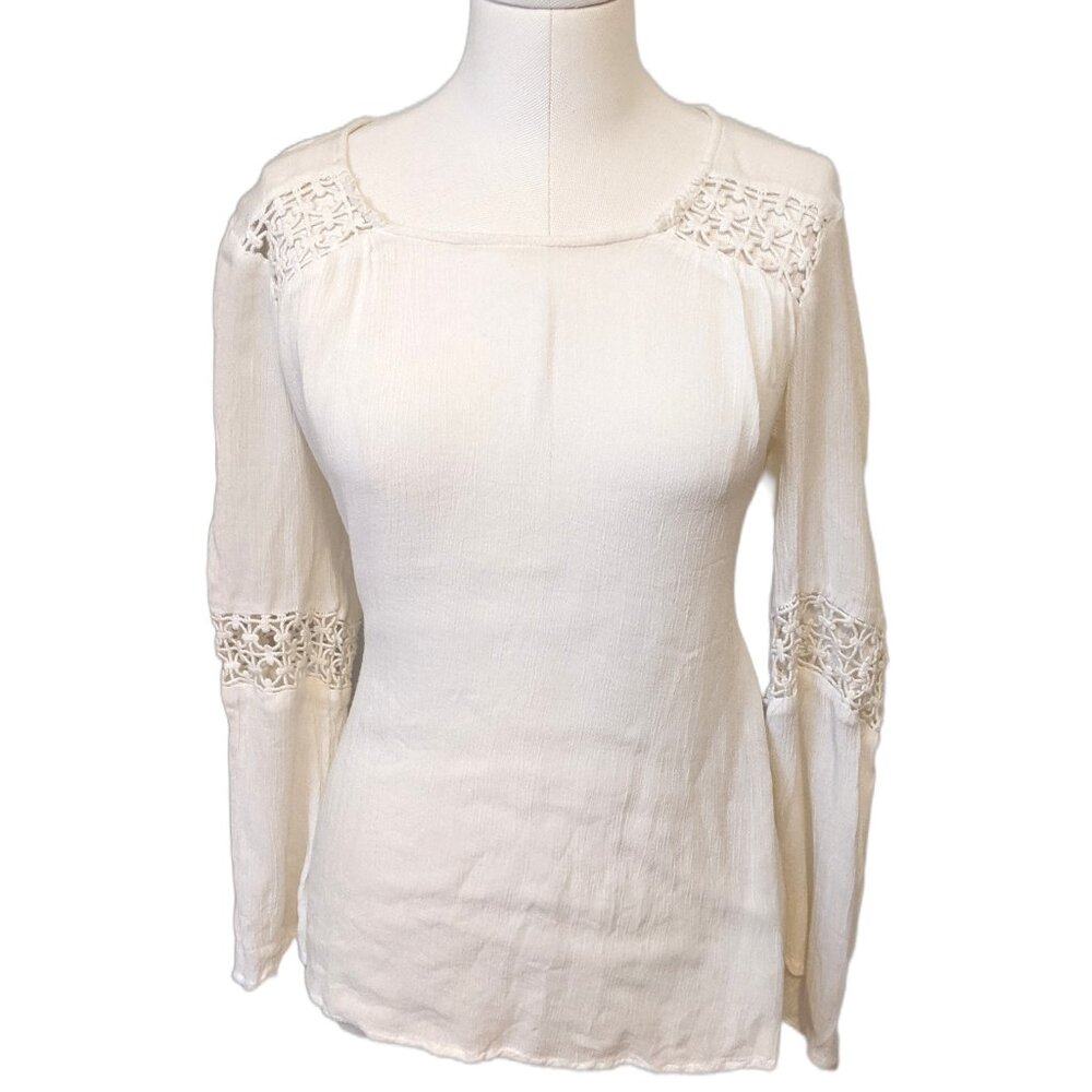 Womens White Sheer Boho Long Sleeve Top Lace Panel Summer Beach Sz L
